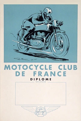 Geo Ham - Vintage 1935 Moto Club de France Diplome Litho Drawing Print For Sale - Artwork