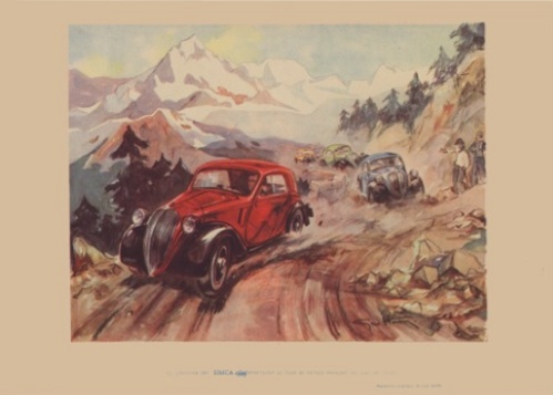 Geo Ham - 1940's Simca Cinq - Simca 5 - Tour de France Litho Drawing Print For Sale - Artwork